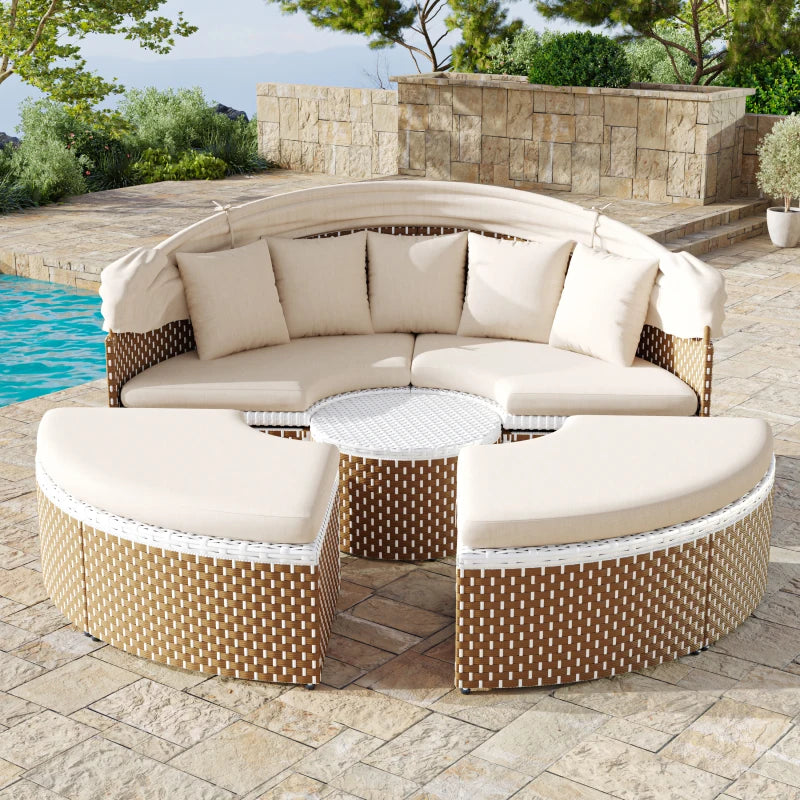 Garten-Lounge-Set 4-teilig mit Sonnenschutz, Sofa, Hocker und Tisch – Robustes Polyrattan Gartenmöbel-Set für Balkon und Terrasse