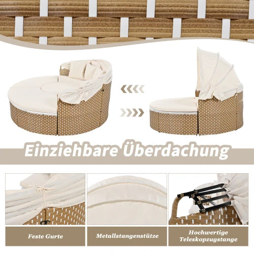 Garten-Lounge-Set 4-teilig mit Sonnenschutz, Sofa, Hocker und Tisch – Robustes Polyrattan Gartenmöbel-Set für Balkon und Terrasse