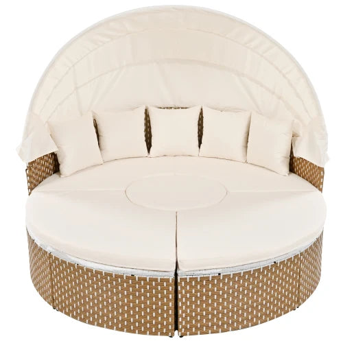 Garten-Lounge-Set 4-teilig mit Sonnenschutz, Sofa, Hocker und Tisch – Robustes Polyrattan Gartenmöbel-Set für Balkon und Terrasse