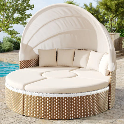 Garten-Lounge-Set 4-teilig mit Sonnenschutz, Sofa, Hocker und Tisch – Robustes Polyrattan Gartenmöbel-Set für Balkon und Terrasse