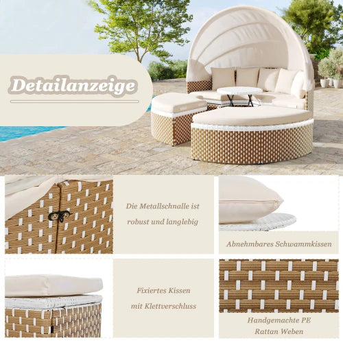 Garten-Lounge-Set 4-teilig mit Sonnenschutz, Sofa, Hocker und Tisch – Robustes Polyrattan Gartenmöbel-Set für Balkon und Terrasse