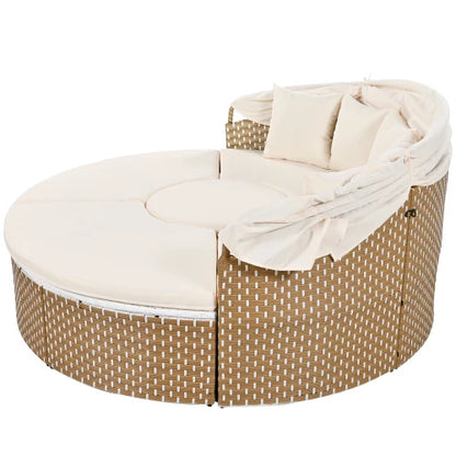 Garten-Lounge-Set 4-teilig mit Sonnenschutz, Sofa, Hocker und Tisch – Robustes Polyrattan Gartenmöbel-Set für Balkon und Terrasse