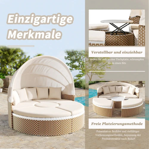 Garten-Lounge-Set 4-teilig mit Sonnenschutz, Sofa, Hocker und Tisch – Robustes Polyrattan Gartenmöbel-Set für Balkon und Terrasse