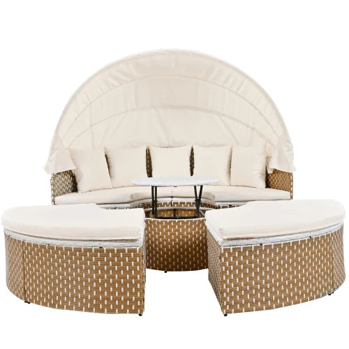 Garten-Lounge-Set 4-teilig mit Sonnenschutz, Sofa, Hocker und Tisch – Robustes Polyrattan Gartenmöbel-Set für Balkon und Terrasse