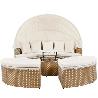 Garten-Lounge-Set 4-teilig mit Sonnenschutz, Sofa, Hocker und Tisch – Robustes Polyrattan Gartenmöbel-Set für Balkon und Terrasse