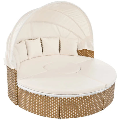 Garten-Lounge-Set 4-teilig mit Sonnenschutz, Sofa, Hocker und Tisch – Robustes Polyrattan Gartenmöbel-Set für Balkon und Terrasse