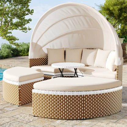 Garten-Lounge-Set 4-teilig mit Sonnenschutz, Sofa, Hocker und Tisch – Robustes Polyrattan Gartenmöbel-Set für Balkon und Terrasse