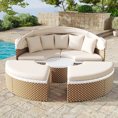 Garten-Lounge-Set 4-teilig mit Sonnenschutz, Sofa, Hocker und Tisch – Robustes Polyrattan Gartenmöbel-Set für Balkon und Terrasse