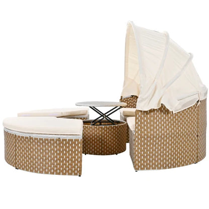 Garten-Lounge-Set 4-teilig mit Sonnenschutz, Sofa, Hocker und Tisch – Robustes Polyrattan Gartenmöbel-Set für Balkon und Terrasse